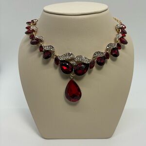Ruby Teardrop Crystal Statement Fashion Necklace & Earrings Set Brand New